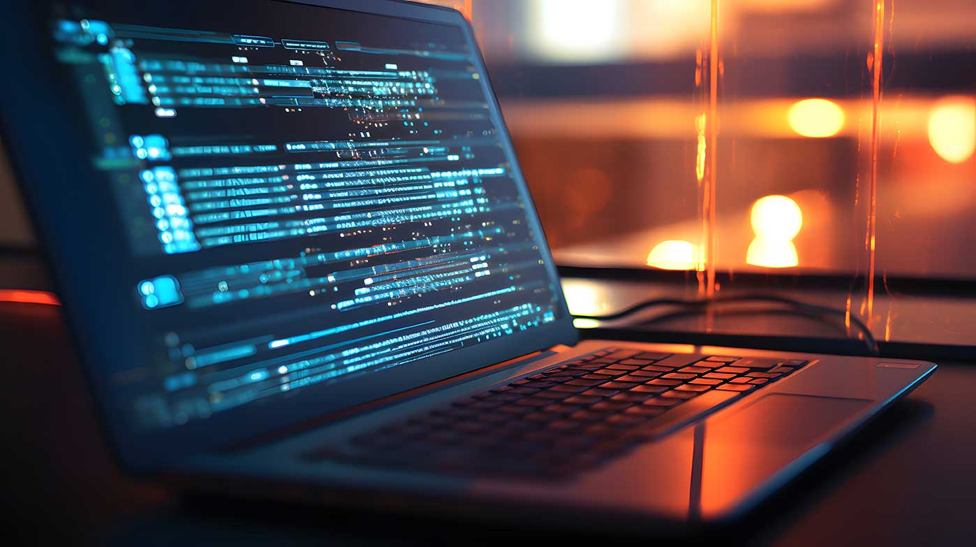 Laptop displaying AI system interface and code for custom software development